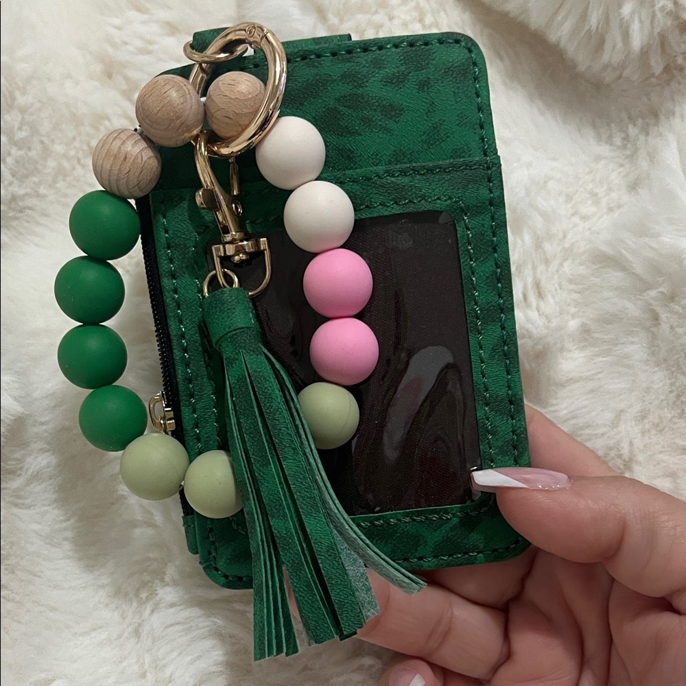 Green Card Holder with Beaded Keychain